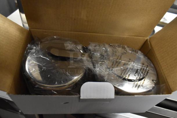 2 new Choice Deluxe 8 Qt. Full Size Gold Accent Roll Top Chafers, model 407COH4, in box, scratch and dent condition.