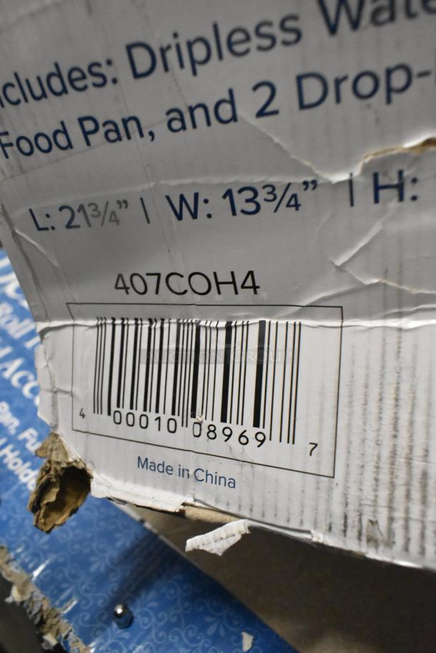 Alt text: "New 407COH4 Choice Deluxe 8 Qt. Gold Accent Roll Top Chafer box, scratch and dent condition, box details visible."