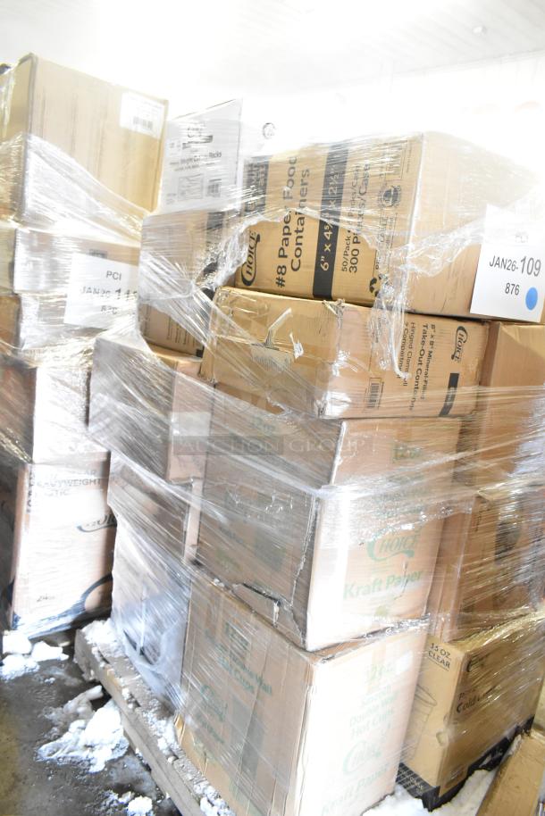 Pallet of brand new scratch and dent items, including boxes of gloves, napkins, containers, and labels, wrapped in plastic.