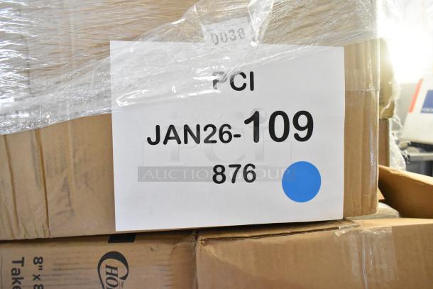 Cardboard boxes labeled with "JAN26-109" and "876," containing scratch and dent items like gloves and napkins. Plastic-wrapped.