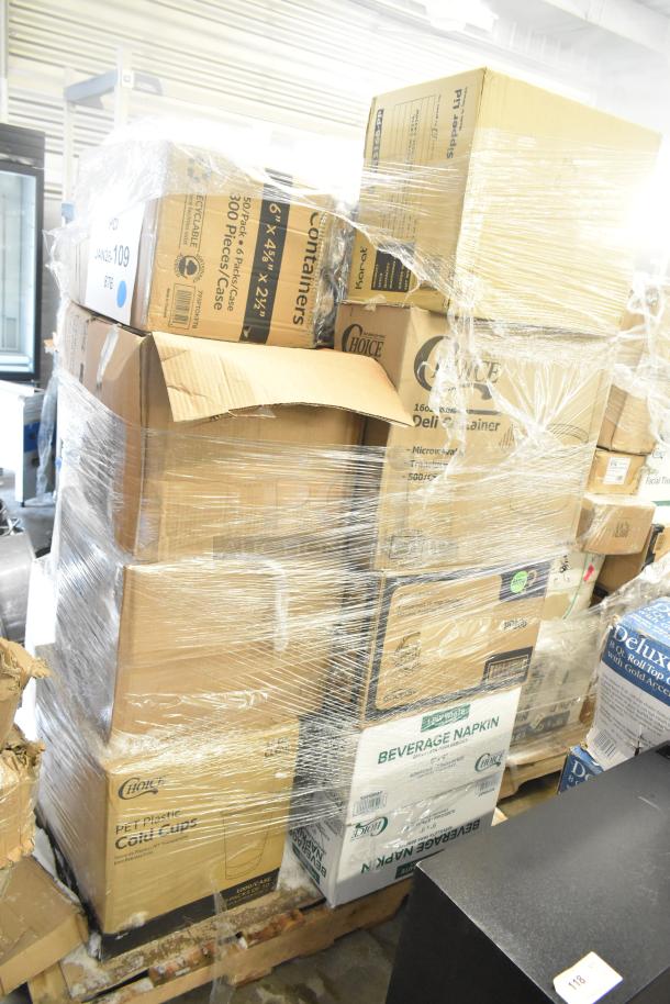 Stack of 20 boxes including gloves, napkins, containers, labels. New, scratch and dent condition. Various brand markings visible.