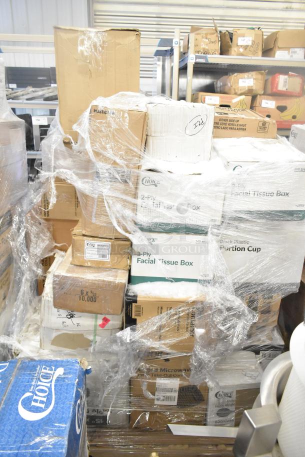 Stack of assorted boxed items including lids, portion cups, and tongs. Boxes wrapped in plastic; various brands visible.
