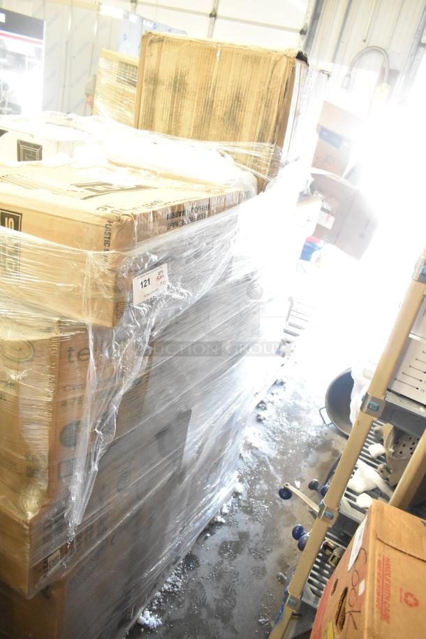 Pallet of 25 new scratch and dent items, including lids, portion cups, and tongs, wrapped in plastic. Quantity label visible.