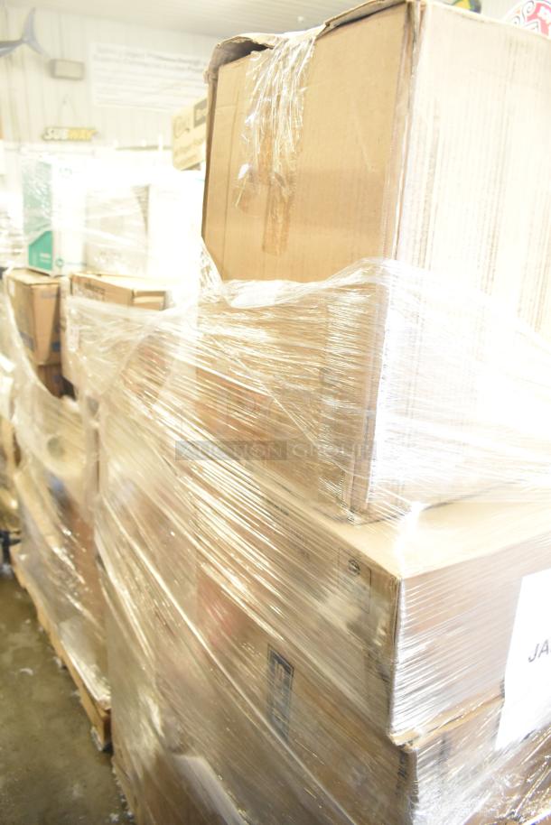 Pallet wrapped with brand new scratch and dent items, including lids, portion cups, and tongs, visible in multiple boxes.
