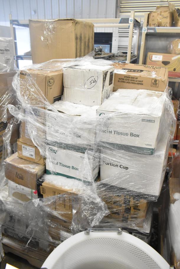 Pallet of assorted catering items shrink-wrapped, including boxes labeled "Facial Tissue," "Portion Cup," and more. Scratches visible.