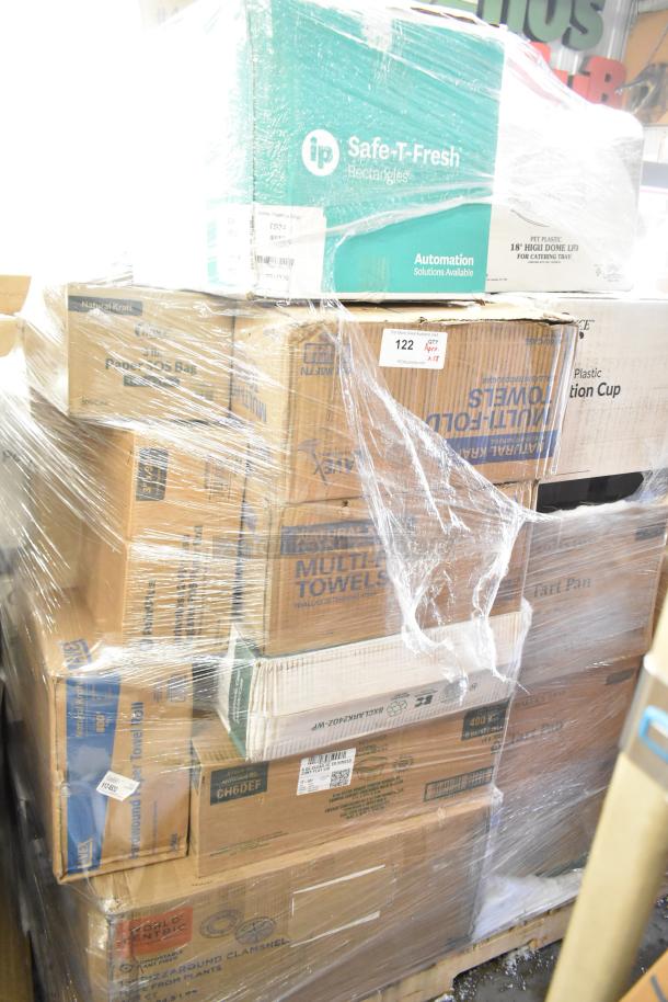 Sealed pallet of 28 new scratch and dent items, including towels and portion cups, visible labels for brands and item count.