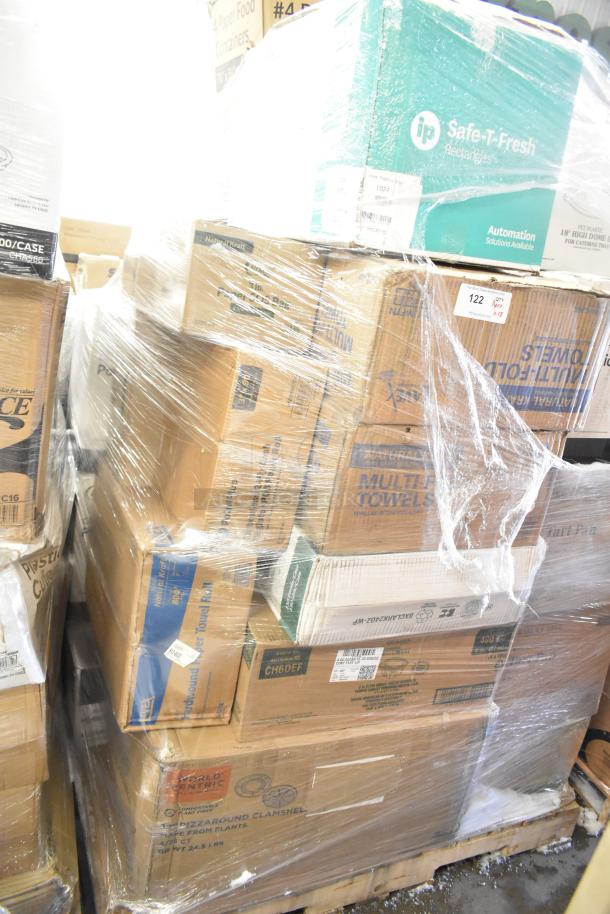 Pallet of 28 boxed, new scratch-and-dent items including towels and portion cups, wrapped in plastic. Various brands visible.