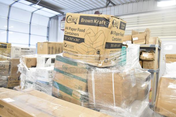 Pallet with 28 brand new scratch and dent items including towels and paper food containers, Choice brand packaging visible.