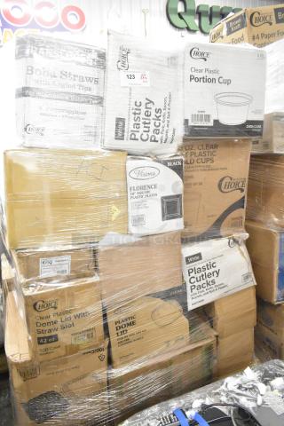 Stack of brand new items, including Choice plastic portion and cold cups, cutlery packs, and napkin bands.