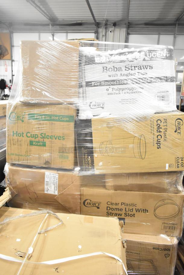 Boxes of assorted new items, including Choice cold cups, hot cup sleeves, straws, and dome lids, visibly wrapped on a pallet.