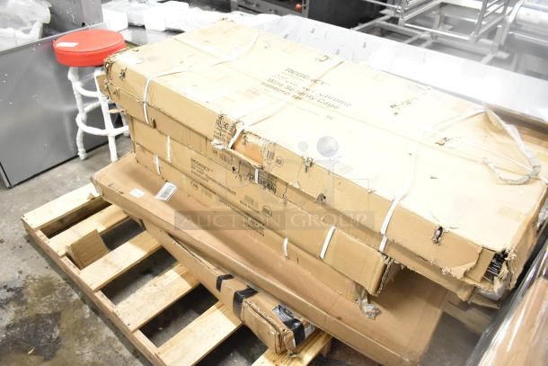 Cardboard boxes of Regency chrome wire shelves on a pallet, slight wear, labeled "25x48", six new scratch and dent items.