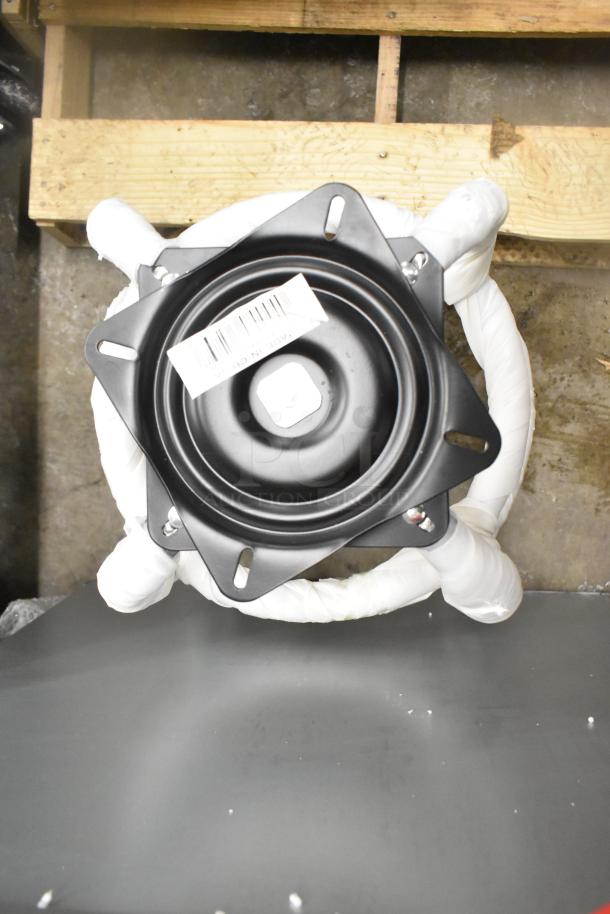 Black metal stool with red seat cushion, brand new with scratches; seat mount visible with "Made in China" label.