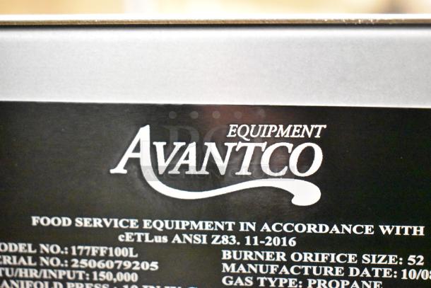 BRAND NEW Avantco FF100 Liquid Propane Fryer, 70-100 lb, 150,000 BTU, stainless steel, scratches visible, labeled details.