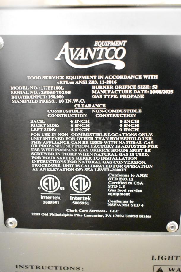 Brand new Avantco FF100 Liquid Propane Floor Fryer, 70-100 lb capacity, 150,000 BTU, stainless steel, model details shown.
