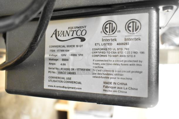 Brand new Avantco 177MX10H commercial 10 qt planetary mixer. Includes mixing bowl, bowl guard, whisk. 120V, 1 phase.