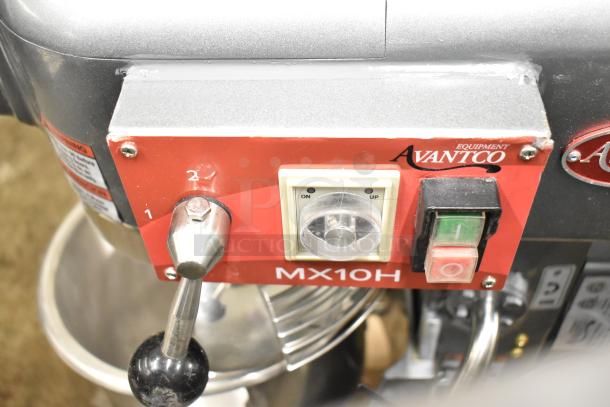Brand new Avantco 177MX10H 10 Qt planetary dough mixer with bowl, guard, and whisk. Minor surface scratches. 120V, 1 Phase.