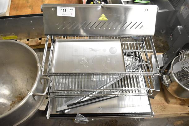 Brand new ServIt 423HDM26SA 26" countertop heated display case, 3 shelves, sliding doors, visible broken glass, 120V, 1 phase.