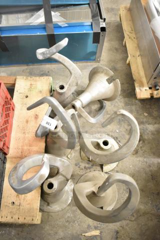 Six various dough hook attachments for mixers, metal, used condition, assorted styles, labeled "130" for auction.