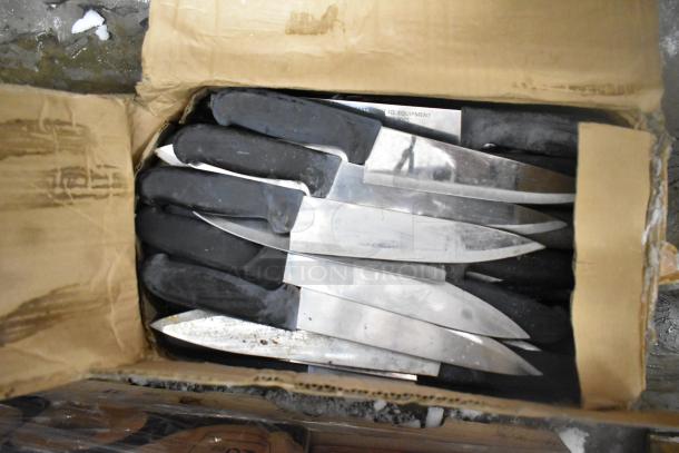 Box of 85 sharpened stainless steel knives, including chef knives, with black handles, in good condition.