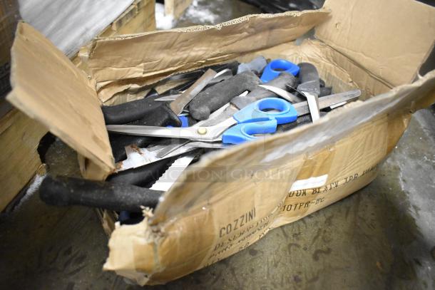 Cardboard box containing assorted sharpened stainless steel knives, including chef and serrated knives. Box is labeled "COZZINI."