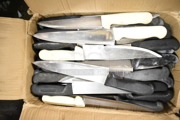 Box of 120 sharpened stainless steel knives, including chef knives, with black and white handles, in good condition.