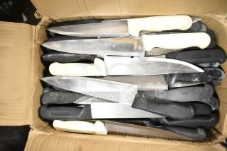 Box of 120 sharpened stainless steel knives, including chef knives, with black and white handles, in good condition.