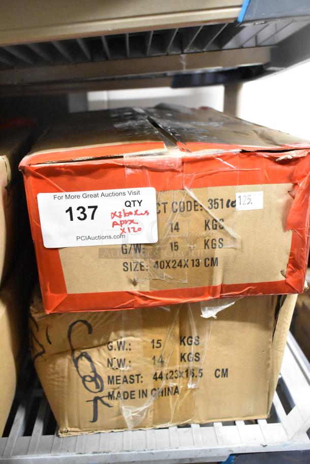 Box of 120 sharpened stainless steel knives, including chef knives. Labeled "QTY 120" and "Made in China." Size: 40x24x13 cm.