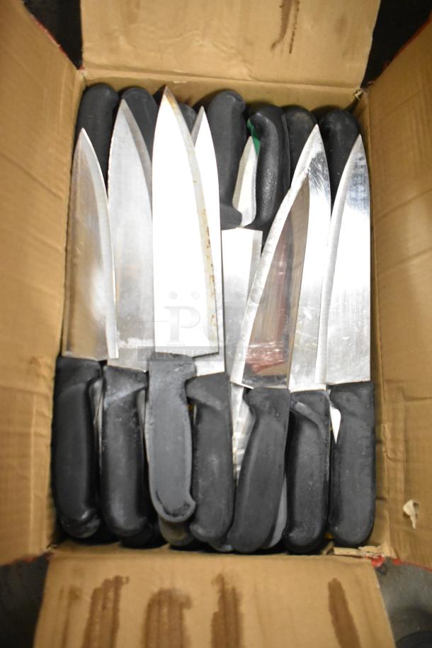 Box of 120 sharpened stainless steel knives, including chef knives, with black handles, in good condition.
