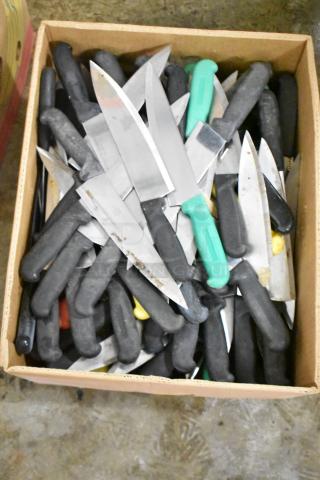 Box of 150 sharpened stainless steel knives, including chef knives. Features black and green handles. Mixed condition.