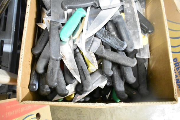 Box of 150 sharpened stainless steel knives, various handles, including chef knives. Mixed conditions, some with visible rust.