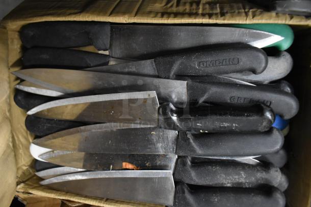 Box of 85 sharpened stainless steel knives including chef knives, various brands marked on handles, in good condition.