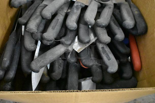 Box of 150 sharpened stainless steel knives with black handles, including chef knives, in good condition.