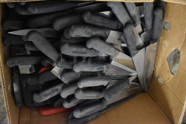 Box of 150 sharpened stainless steel knives, including chef knives, with black handles. Knives in good condition.