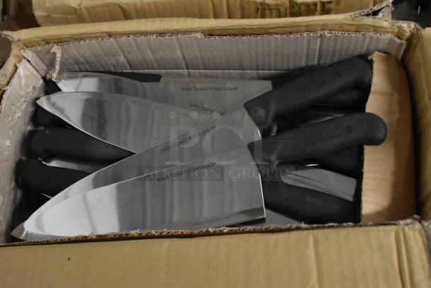 Box of 150 sharpened stainless steel knives, including chef knives, with black handles marked "EAST COAST FOOD EQUIP."