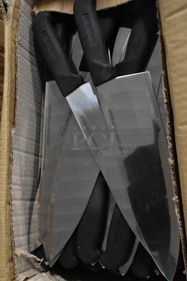 Box of sharpened stainless steel knives with black handles. Blades marked "East Coast Food Equip." Includes chef knife.