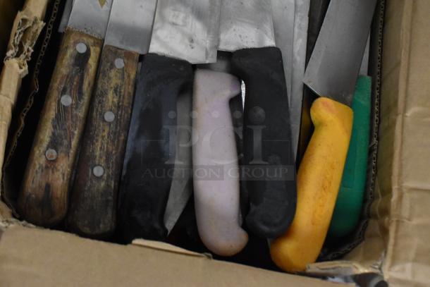 Box of 150 sharpened stainless steel knives, diverse handles, including chef's knife. Various conditions.