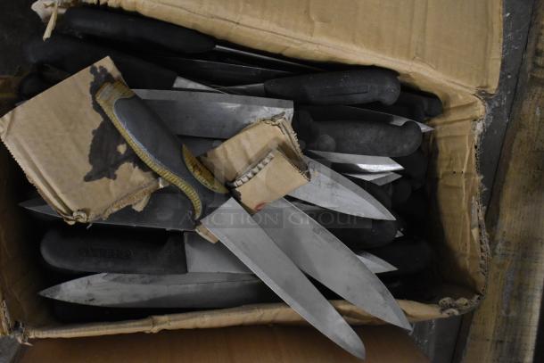 Box of 150 sharpened stainless steel knives, including chef knives, with black handles in good condition.