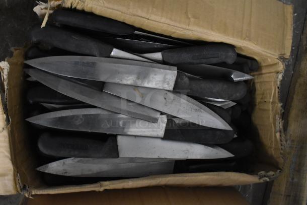 Box of 150 sharpened stainless steel knives, includes chef knife. Black handles, visible wear on cardboard box.