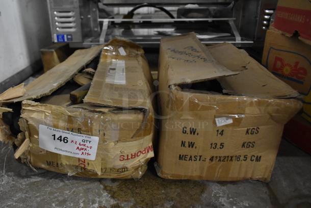 Two boxes labeled with shipping details, containing 150 sharpened stainless steel knives, including chef knives.