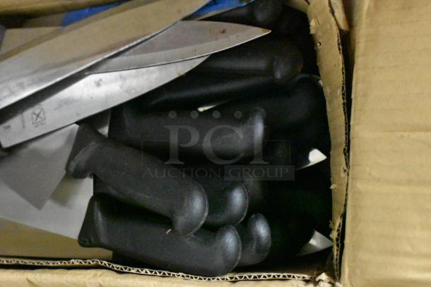 Box of 150 sharpened stainless steel knives with black handles, including chef knives; pristine condition, ready for use.