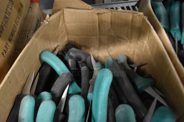Box of 250 sharpened stainless steel knives with teal and black handles. Includes a poultry knife.