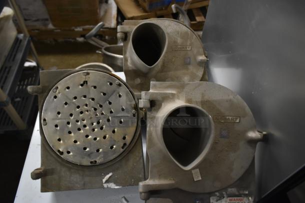 3 Hobart pelican head slicers; one missing front, one missing blade. Used condition with visible wear. Brand markings present.