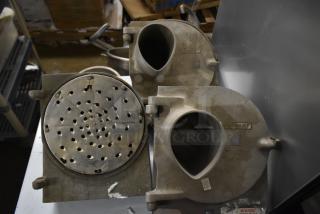 3 Hobart pelican head slicers; one missing front, one missing blade. Used condition with visible wear. Brand markings present.