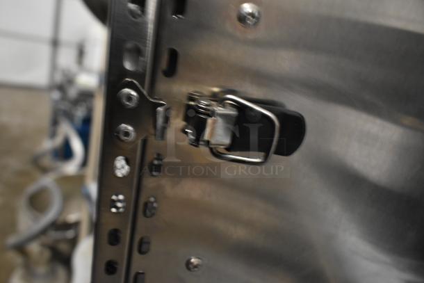 Avantco 177LT06A stainless steel food dehydrator latch detail, 6 trays, glass door, tested only on high heat setting.