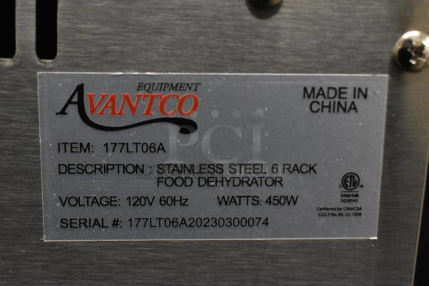 Avantco 177LT06A 6 Tray Food Dehydrator, stainless steel, glass door, 120V, works only on highest heat setting. Model-tag visible.