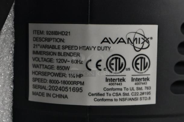 AvaMix 928IBHD21 21" Heavy-Duty Immersion Blender label showing 120V, 1 1/4 hp, ETL certification.