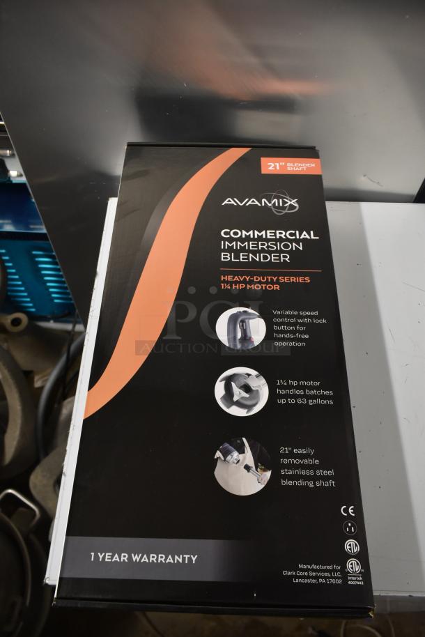 BRAND NEW AvaMix 928IBHD21 21" Heavy-Duty Immersion Blender. 1 1/4 hp, 120V, 1 Phase. Box shows features and 1-year warranty.