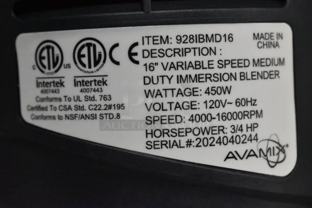 Label of AvaMix 928IBMD16 immersion blender showing specs: 16" variable speed, 450W, 120V, 3/4 hp, tested.