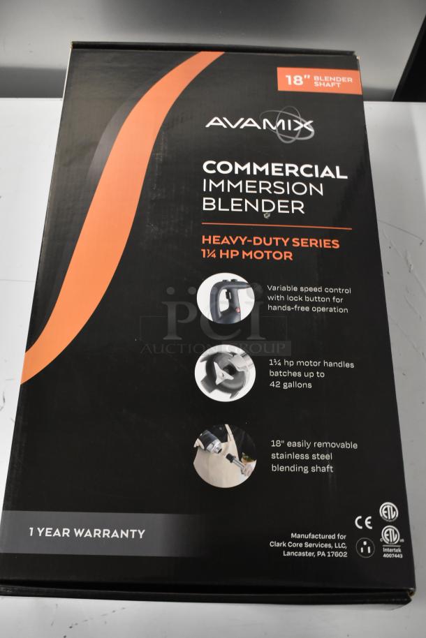 Box of BRAND NEW AvaMix 928IBHD18 18" Heavy-Duty Immersion Blender, 1 1/4 hp motor, variable speed, tested and working.