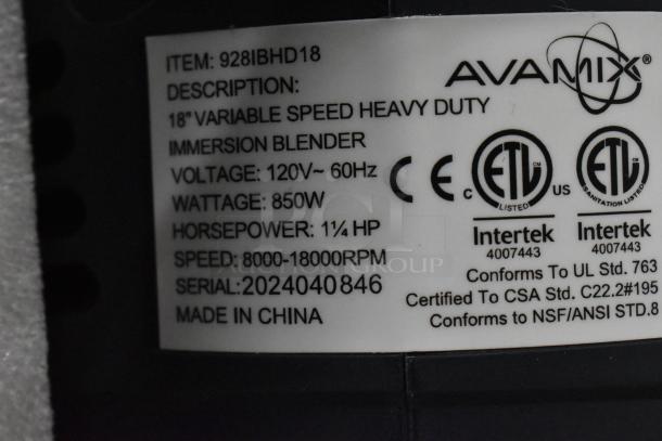 Label of AvaMix 928IBHD18 immersion blender showing specs: 120V, 850W, 1¼ hp, 8000-18000 RPM, made in China.